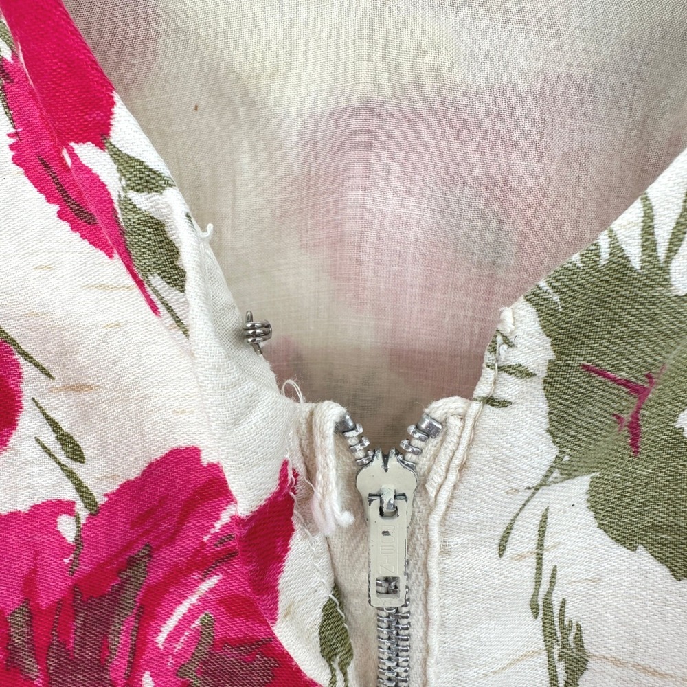 Vintage 50s 60s Floral Barkcloth Wiggle Sheath Dress S Pink Roses Mod Pin Up - Picture 7 of 10